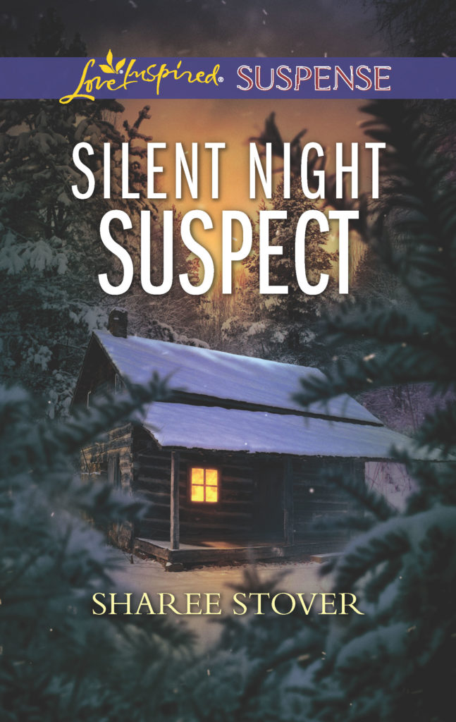 book cover depicts log cabin in the woods, lots of trees, lit up at night.