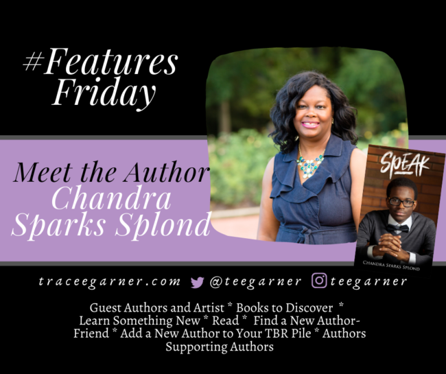 graphic of Chandra S. Splond outside, with small graphic of book Speak!