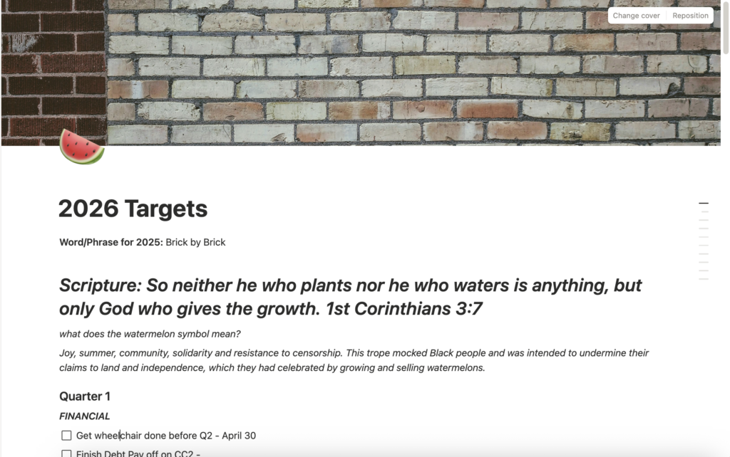 A screen shot of Tracee's notion page for goal setting